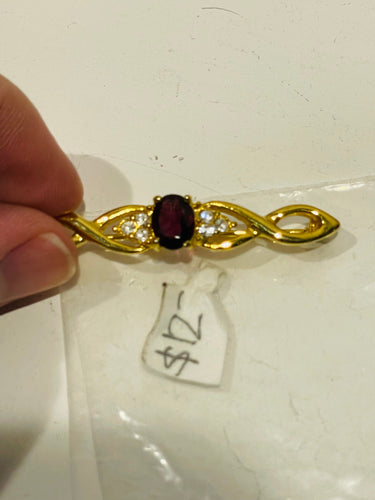 Kira.Gold Twisted Brooch with Red and Clear Rhinestones Bloomers and Frocks
